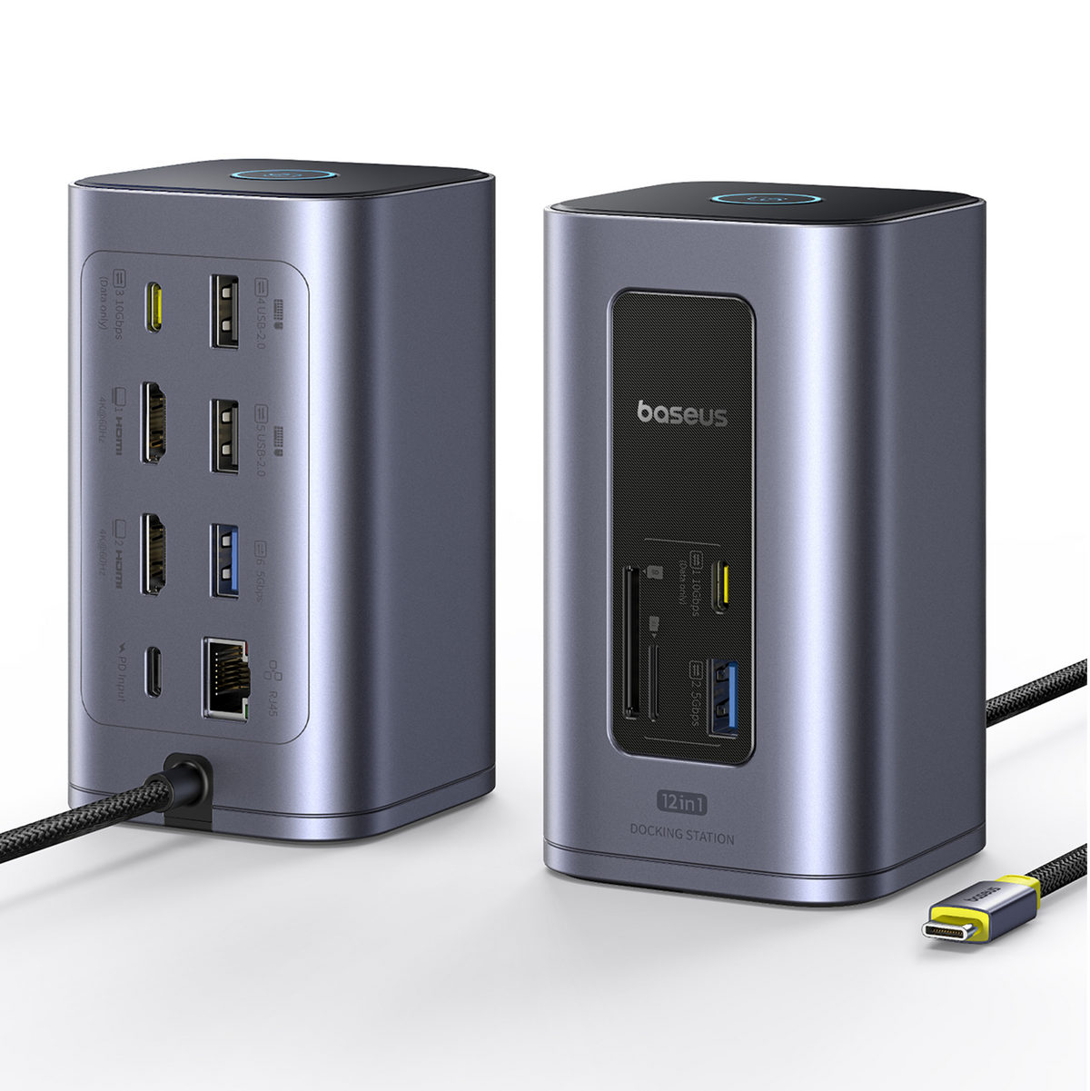 Due docking station Baseus grigie con più porte e un cavo di alimentazione. Le stazioni sono etichettate come 12 in 1 e hanno un design moderno.
