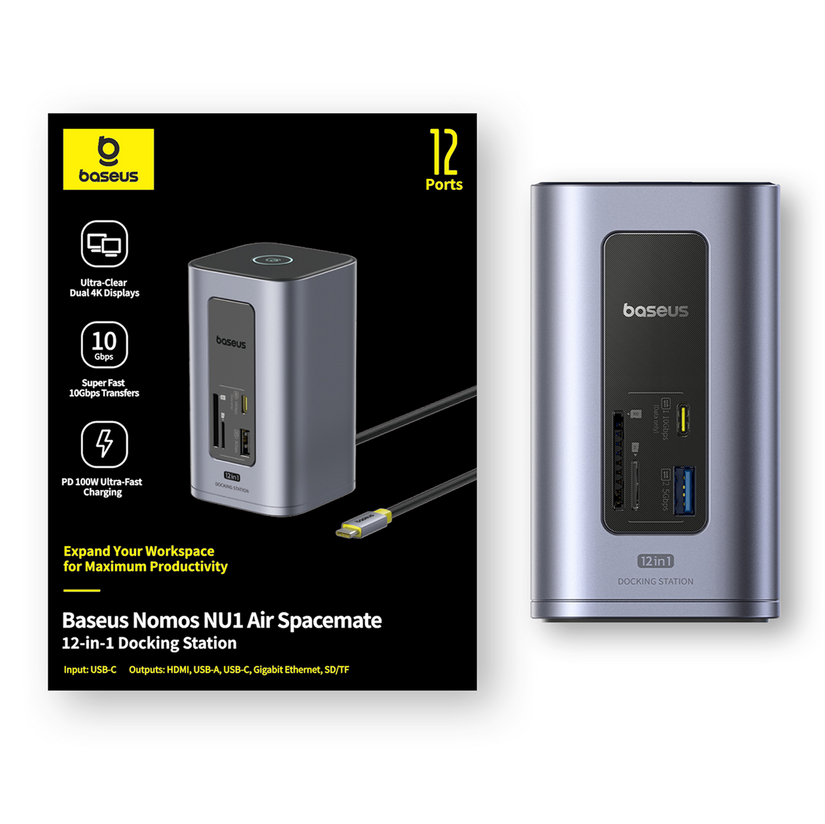 Una docking station Baseus con 12 porte. Dispone di porte USB-C, HDMI e SD/TF. Un cavo nero si collega alla stazione.