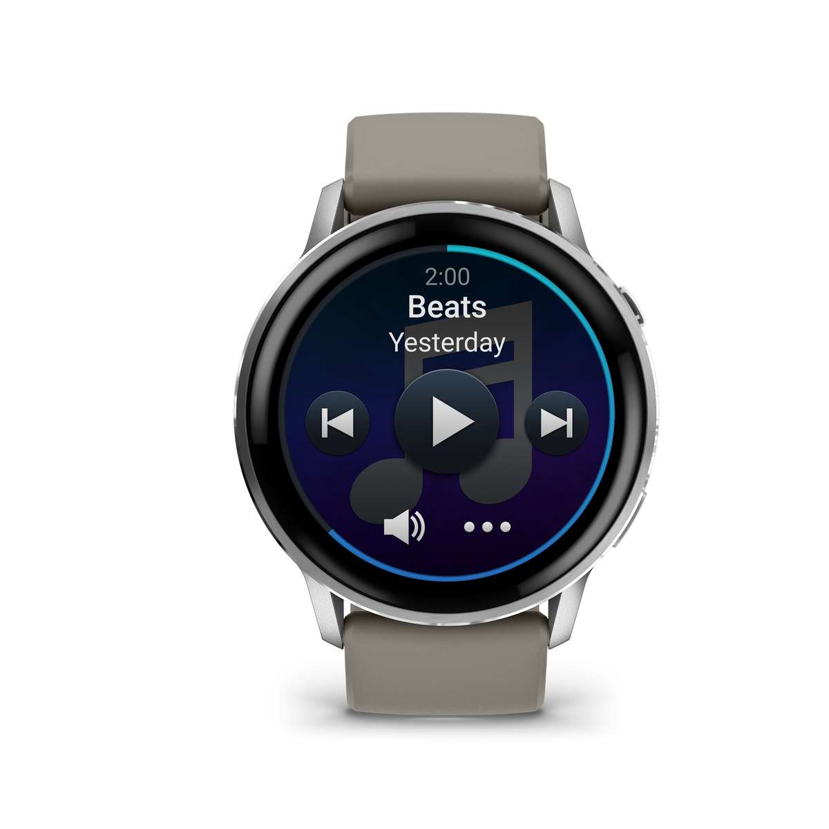 Eine Smartwatch zeigt eine Musikplayer-Oberfläche an. Der Bildschirm zeigt 'Beats' und eine Wiedergabetaste. Die Uhr hat einen silbernen Rahmen und graue Armbänder.