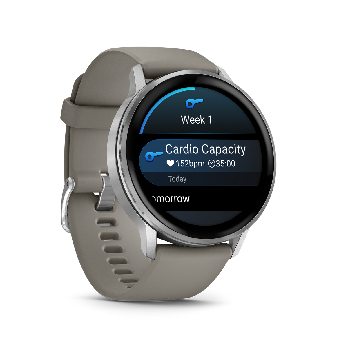 Eine Smartwatch zeigt Fitnessdaten an, darunter 'Cardio Capacity' mit einer Herzfrequenz von 152 bpm und 35:00 Minuten. Die Uhr hat ein beiges Armband.