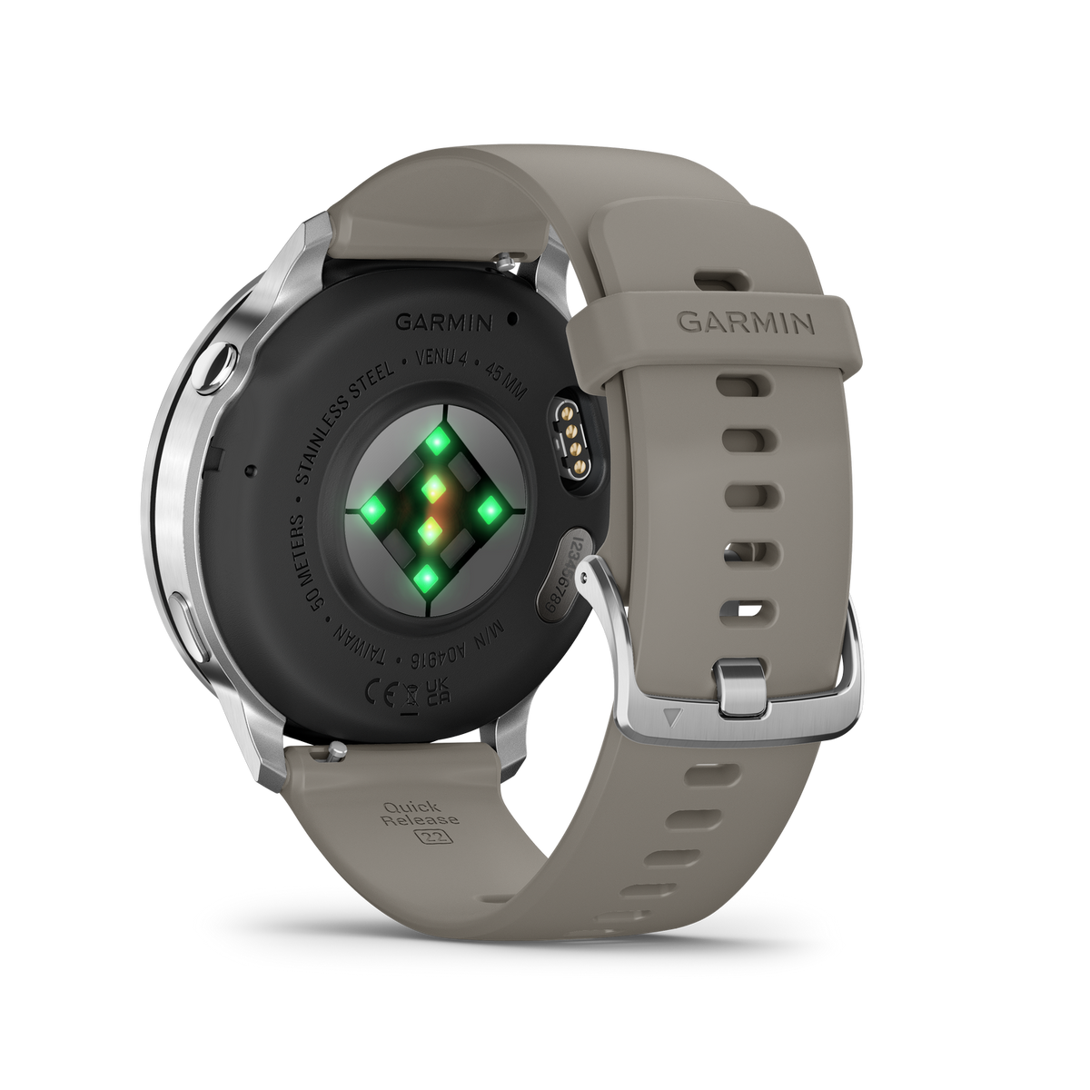 Eine Garmin Venu 4 Smartwatch. Die Uhr ist grau mit einer silbernen Lünette. Die Unterseite zeigt einen Herzfrequenzsensor und das Armband ist befestigt.
