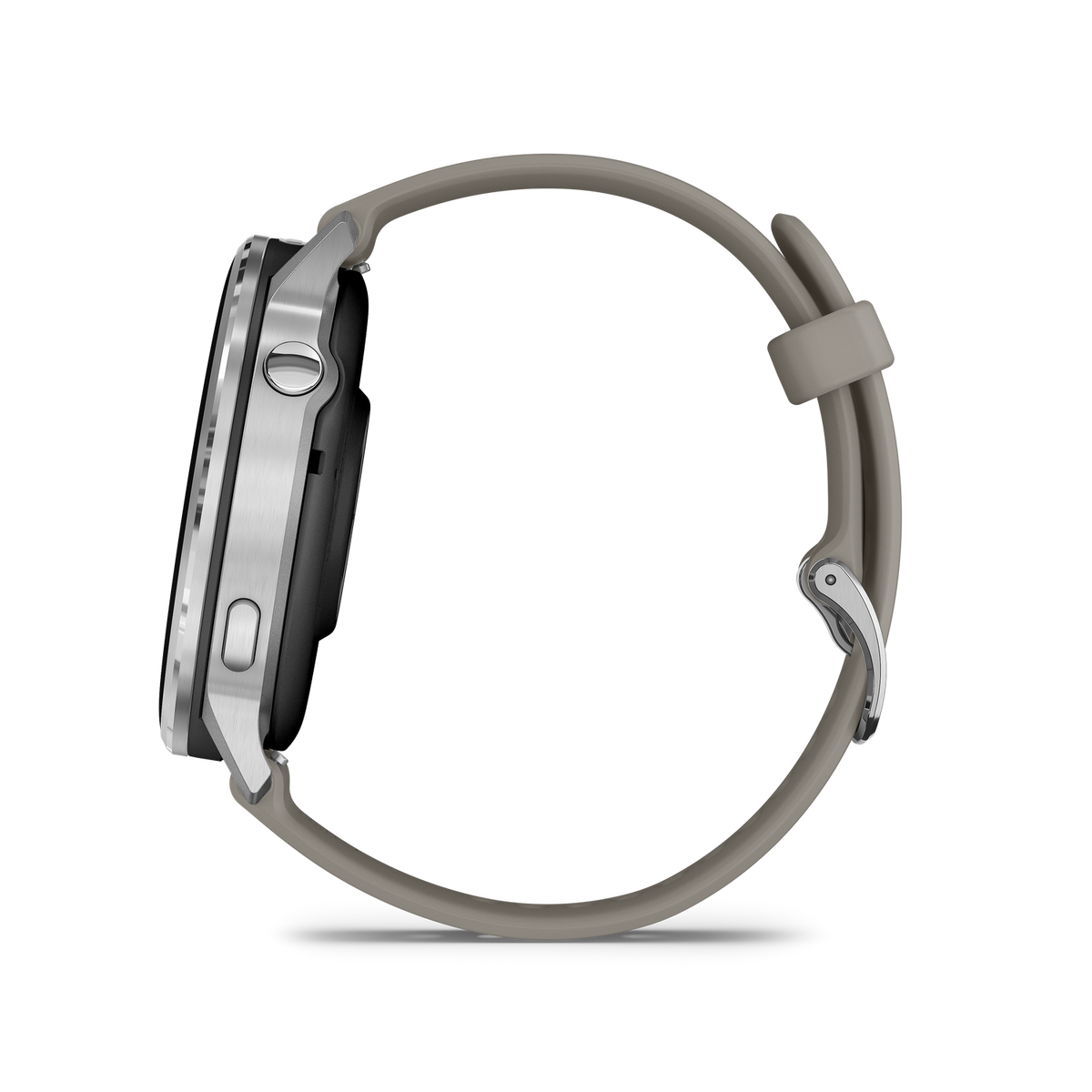 Seitenansicht einer Smartwatch mit silbernem Gehäuse und grauem Armband, vor schwarzem Hintergrund. Die Uhr ist abgewinkelt, um die Seitentasten zu zeigen.