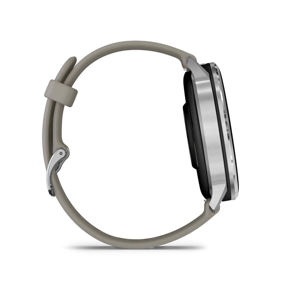 Seitenansicht einer Smartwatch mit silbernem Rahmen, schwarzem Bildschirm und grauem Armband mit silberner Schließe vor schwarzem Hintergrund.