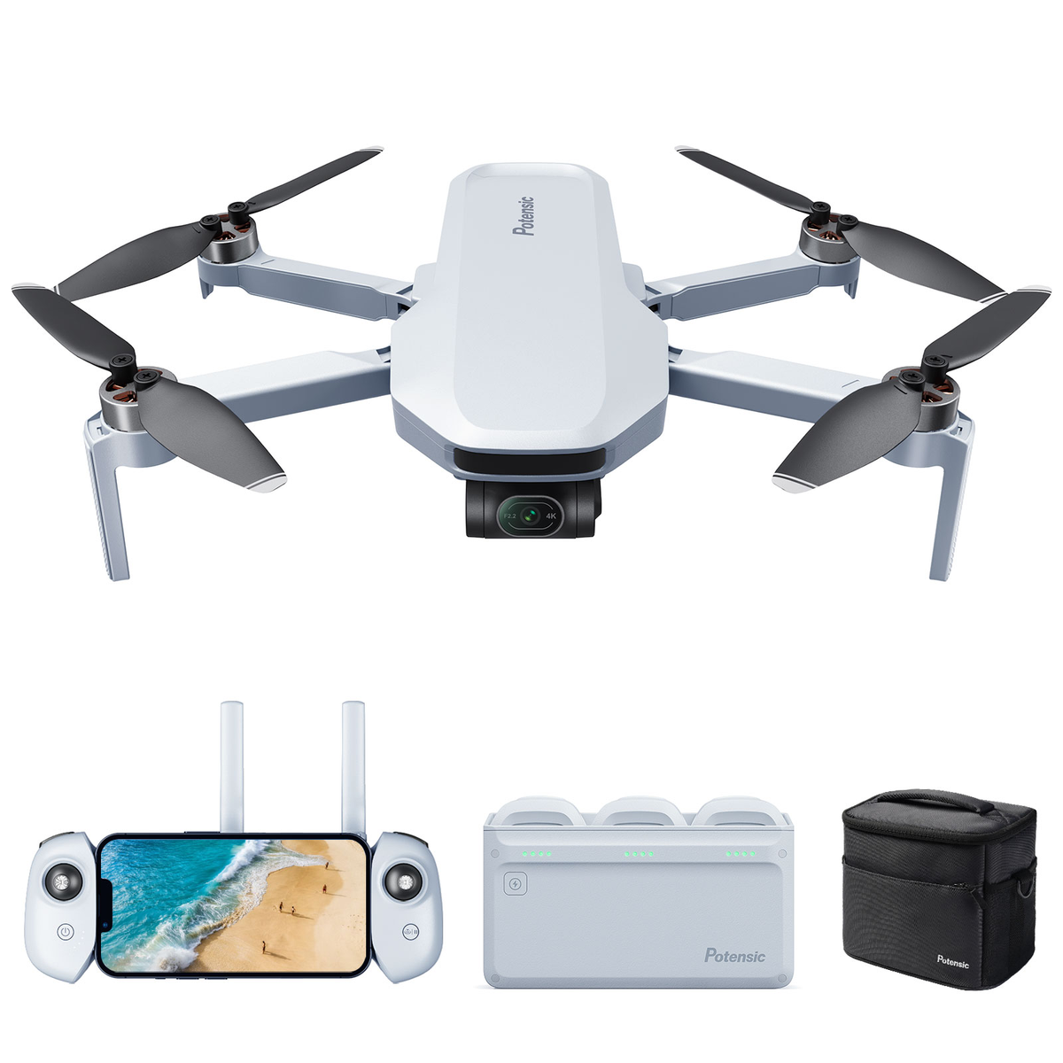 Un dron blanco con hélices negras, un controlador con teléfono, un cargador y una bolsa negra sobre fondo blanco.