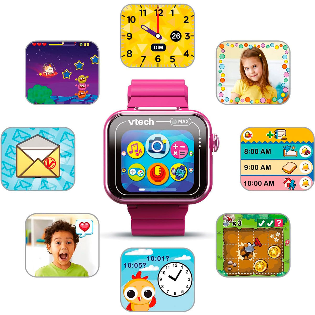 Un reloj inteligente Vtech rosa con varios iconos de aplicaciones. Alrededor hay pequeñas pantallas con un niño, juegos y una esfera de reloj.