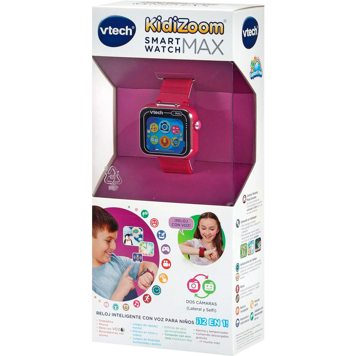 Un reloj Kidizoom Smartwatch Max en su caja. El reloj es rosa, con pantalla táctil. La caja muestra a niños usándolo.