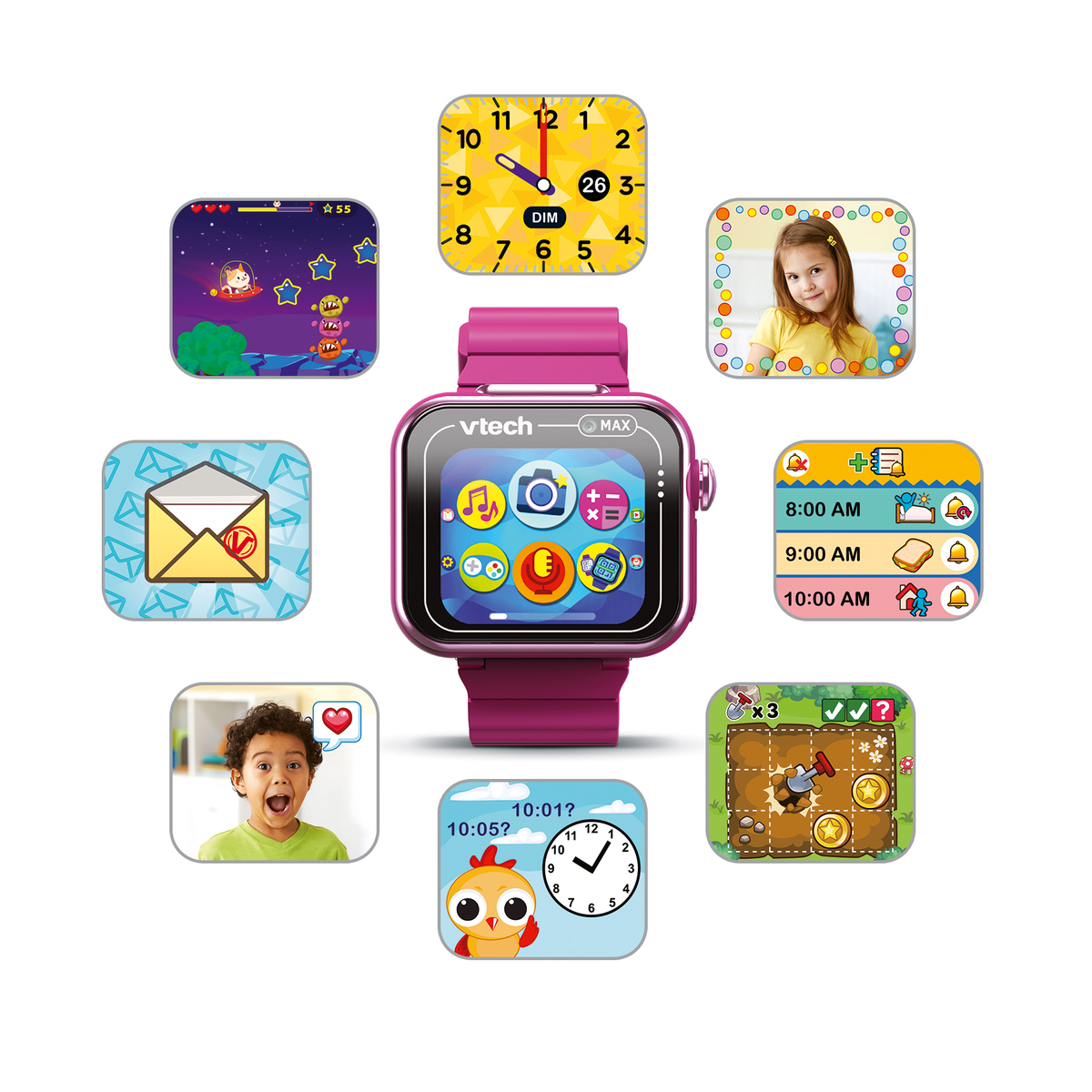 Un reloj inteligente rosa con múltiples iconos de aplicaciones. Alrededor hay pequeñas pantallas que muestran una niña, un juego y pantallas de tiempo.