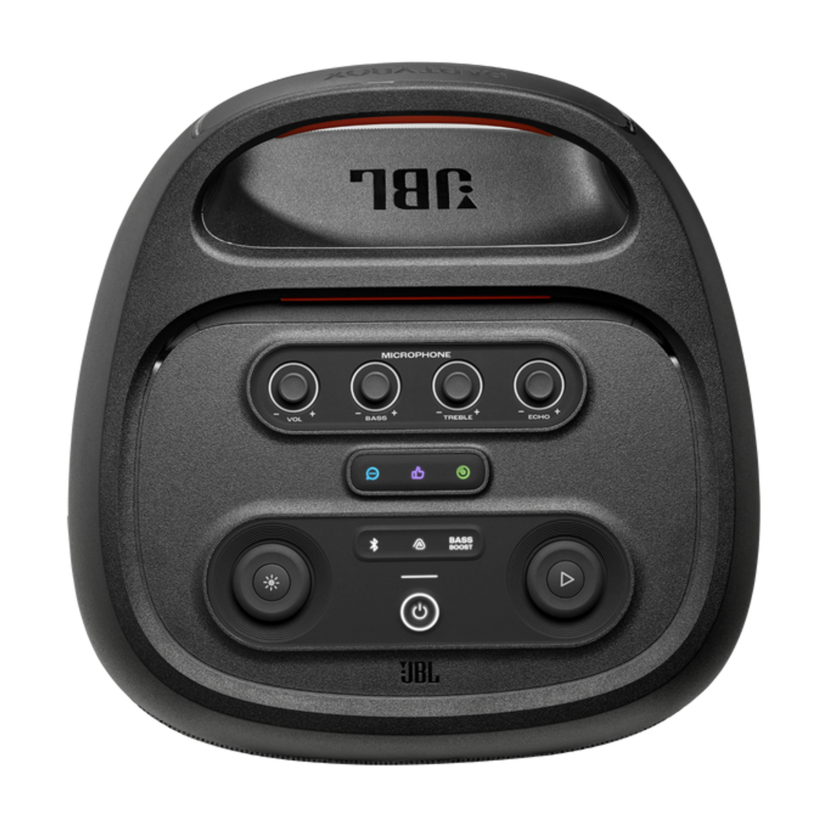 Altoparlante JBL PartyBox nero. Pulsanti per volume, bassi, alti, eco e alimentazione. Maniglia e logo JBL.