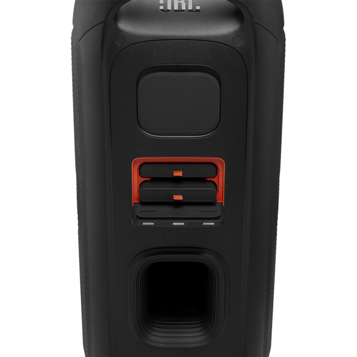 Altoparlante JBL nero con dettagli arancioni. Presenta ritagli rettangolari e una maniglia. Logo JBL in alto.