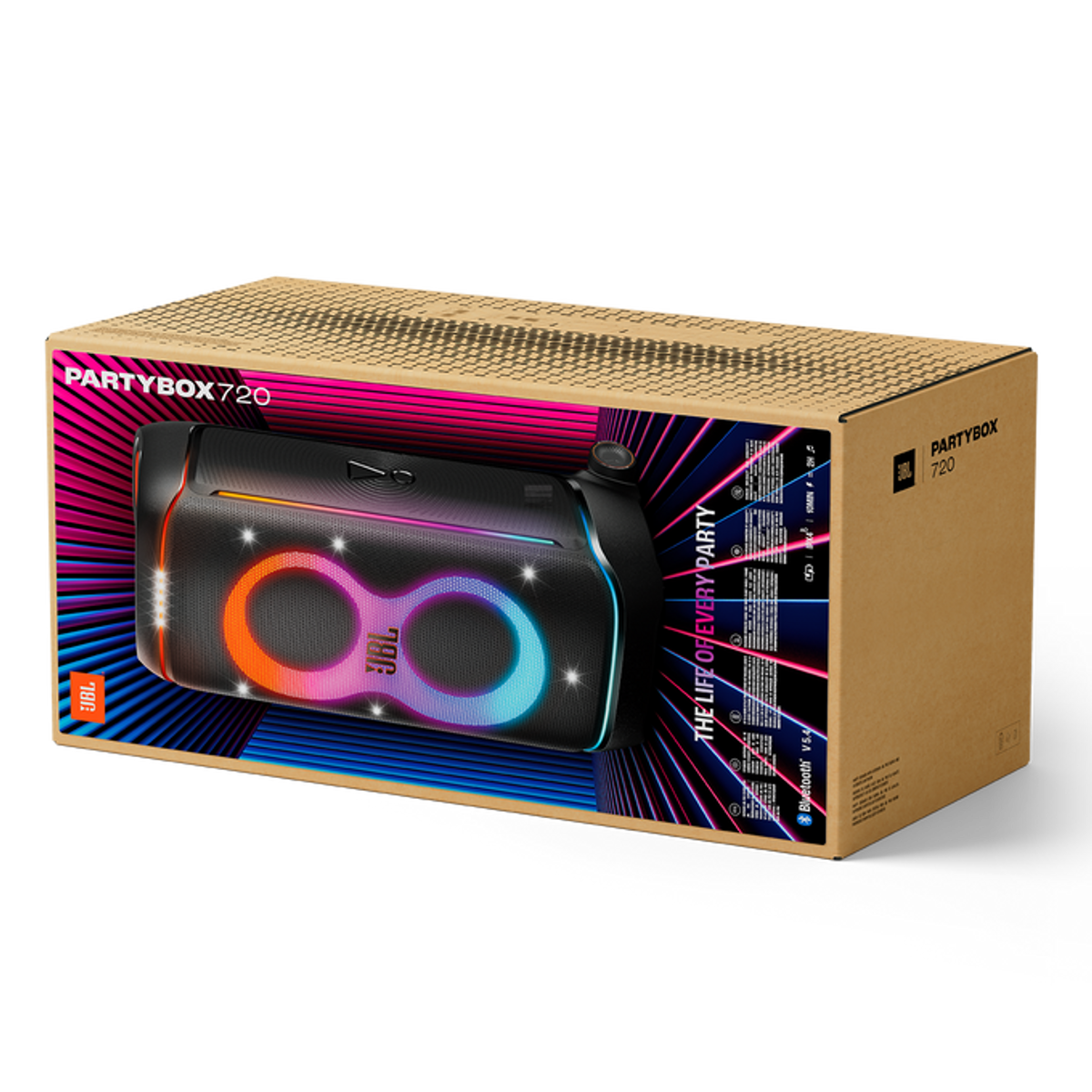 Altoparlante JBL PartyBox 720 in una scatola. Altoparlante nero con luci colorate. Scatola di cartone con info.