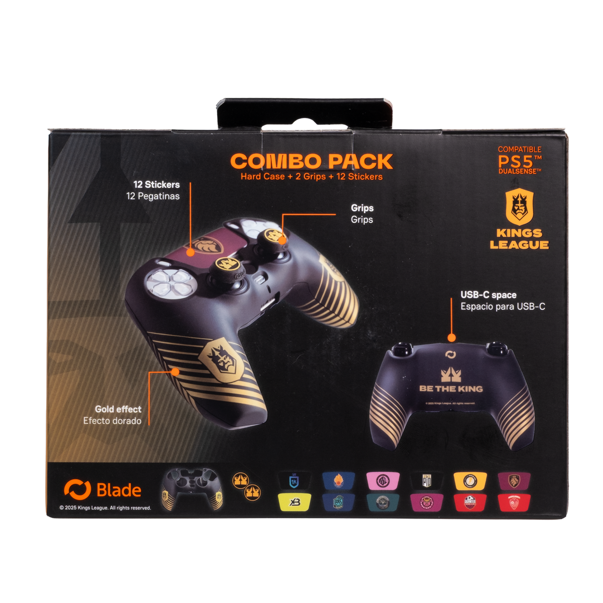 Confezione combo controller di gioco nera con dettagli dorati, marchio Kings League e compatibilità PS5.