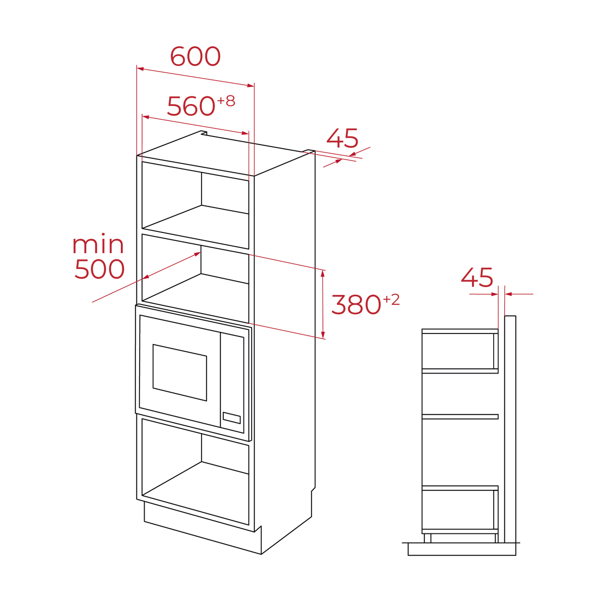 Disegno tecnico di un mobile con dimensioni in mm. Include un microonde e scaffali, vista laterale.