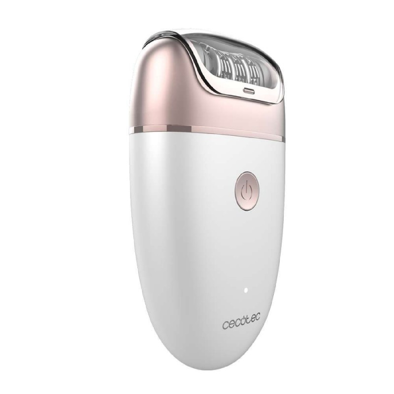 Una depiladora blanca y oro rosa. Tiene forma redondeada con un botón de encendido y la marca 'Cecotec' en la parte inferior.