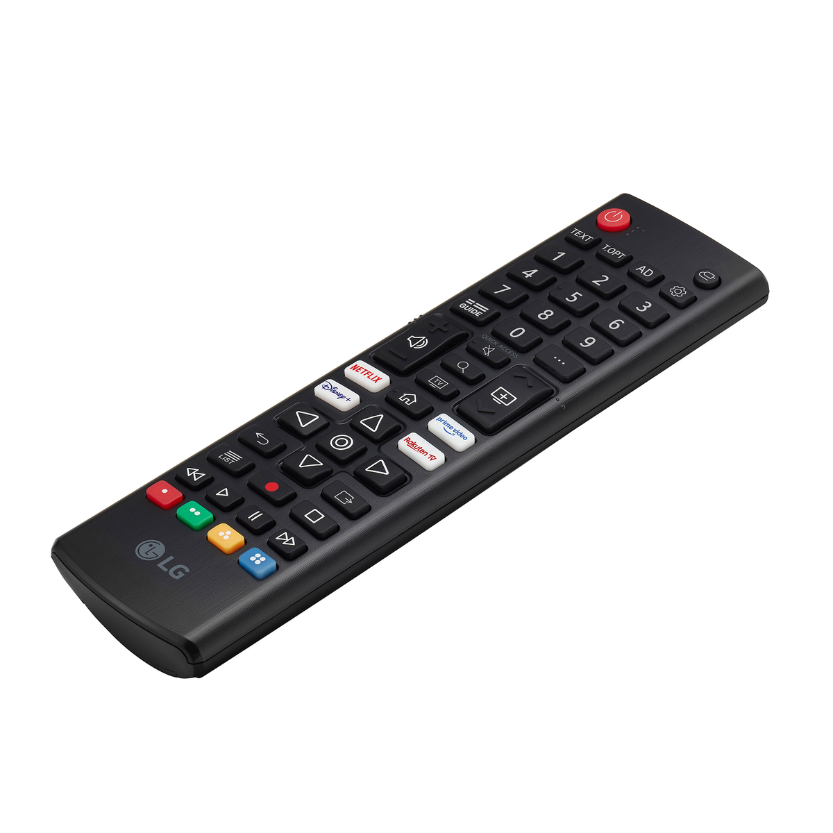 Un mando a distancia negro de TV LG con varios botones para encendido, volumen y servicios de streaming como Netflix.