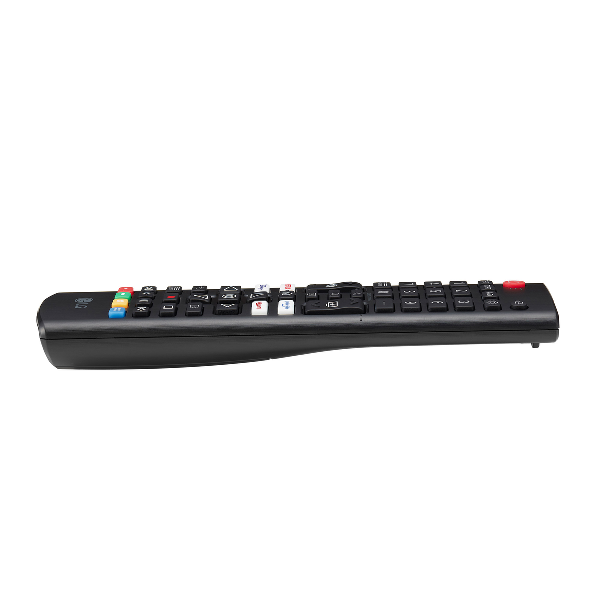 Un mando a distancia negro de TV LG con varios botones de diferentes colores y números, sobre un fondo blanco.