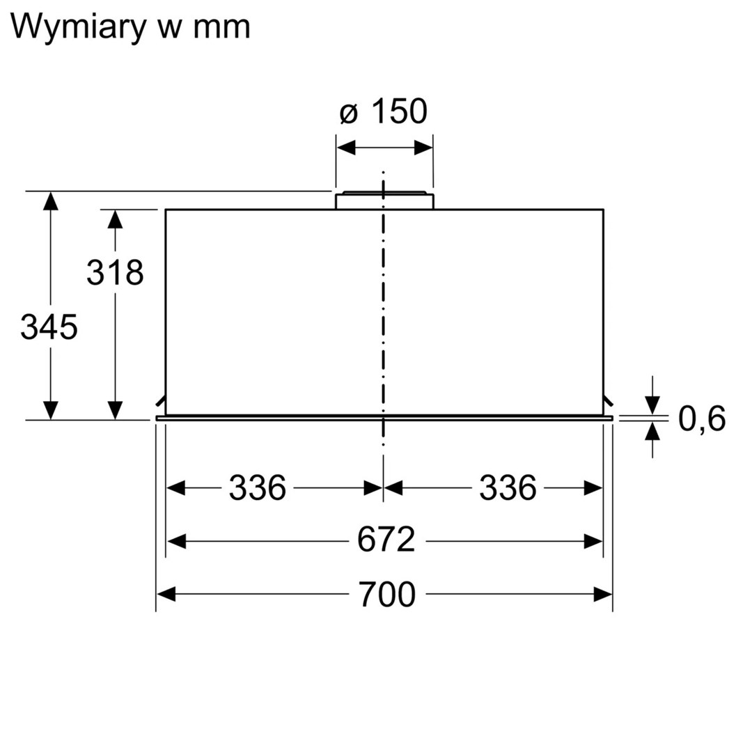 Diagram z wymiarami w mm. Pokazuje prostokątny kształt z wymiarami: 345mm wysokości, 700mm szerokości i okrągłym wierzchołkiem o średnicy 150mm.
