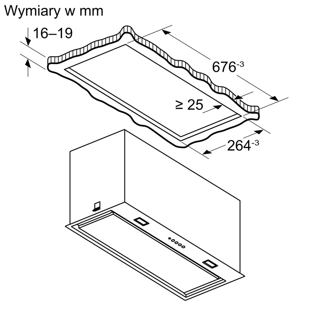 Schemat okapu kuchennego z wymiarami w milimetrach. Okap jest prostokątny i z wymiarami.