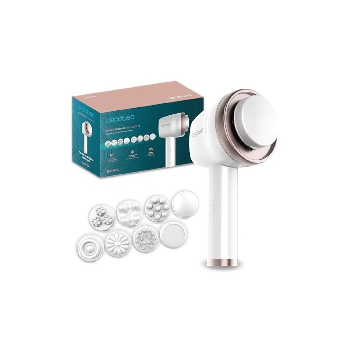 Dispositivo per la cura della pelle bianco e oro rosa con più testine e una scatola. Accessori disposti su una superficie bianca.
