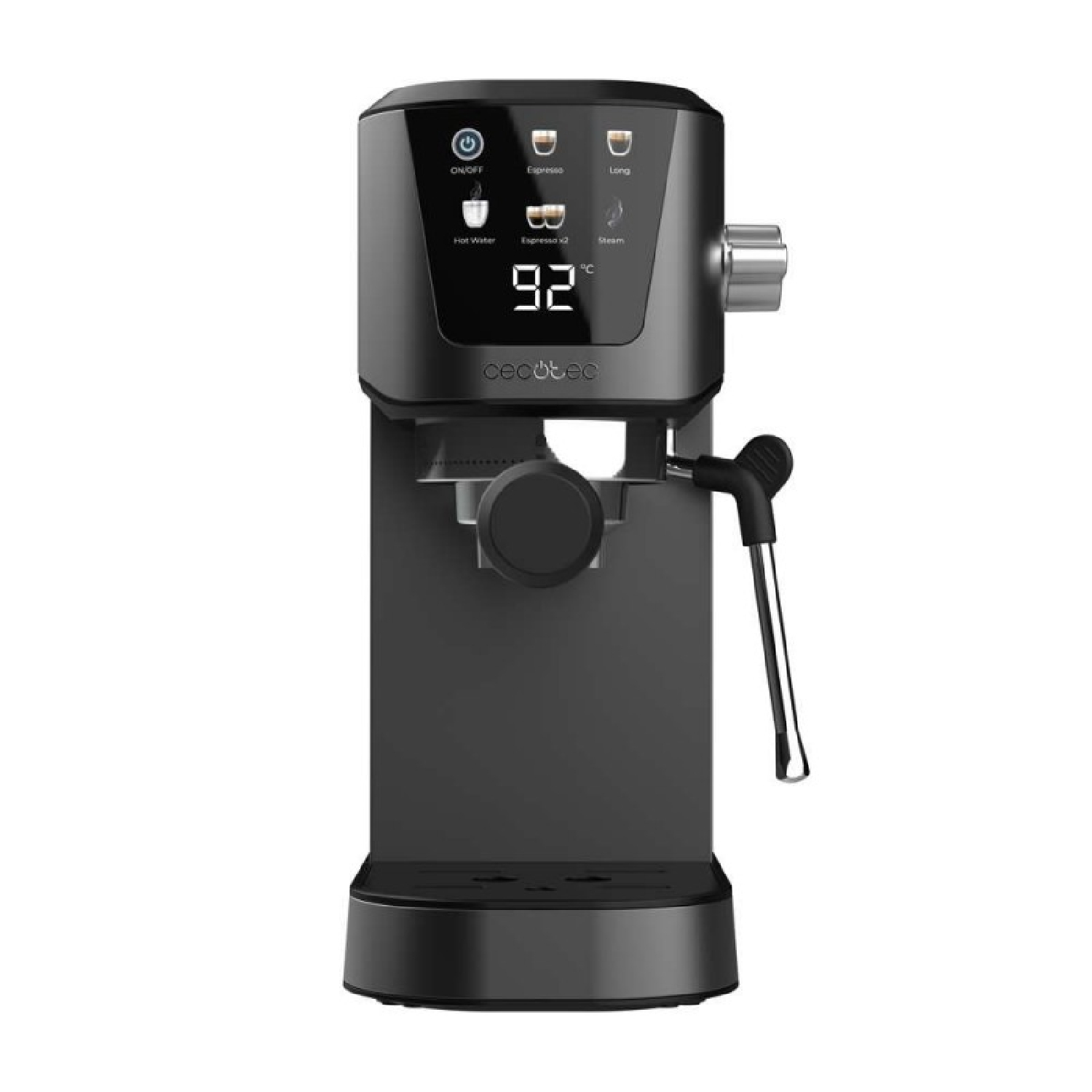 Una máquina de espresso negra con pantalla digital que muestra 92 grados. Tiene botones para espresso, vapor y agua caliente.