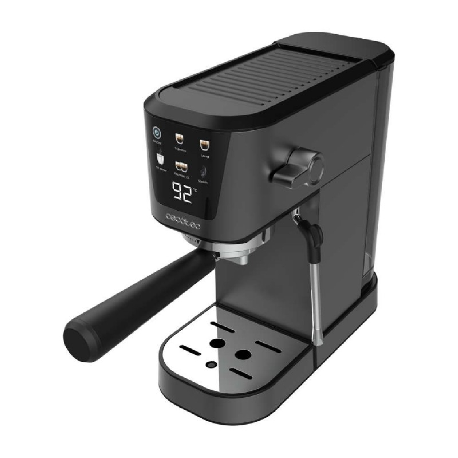 Una máquina de espresso negra con pantalla digital, botones y una varilla de vapor. Está sobre un fondo blanco.