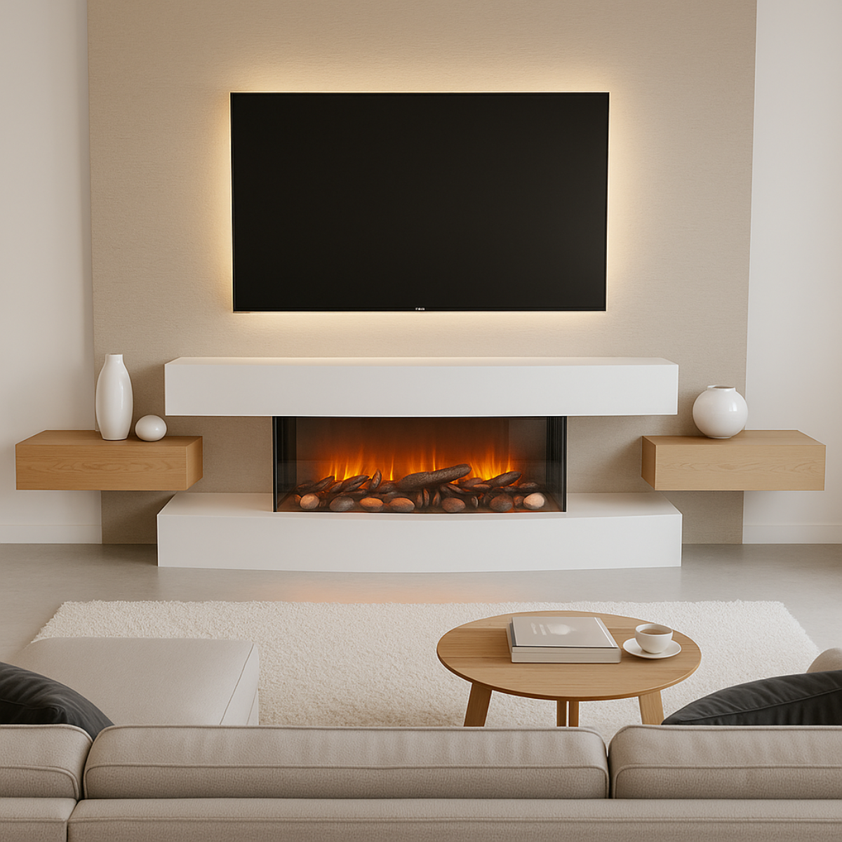 Woonkamer met open haard, tv en bank. Open haard heeft gloeiende kolen. Houten tafel heeft een boek en een koffiekopje.