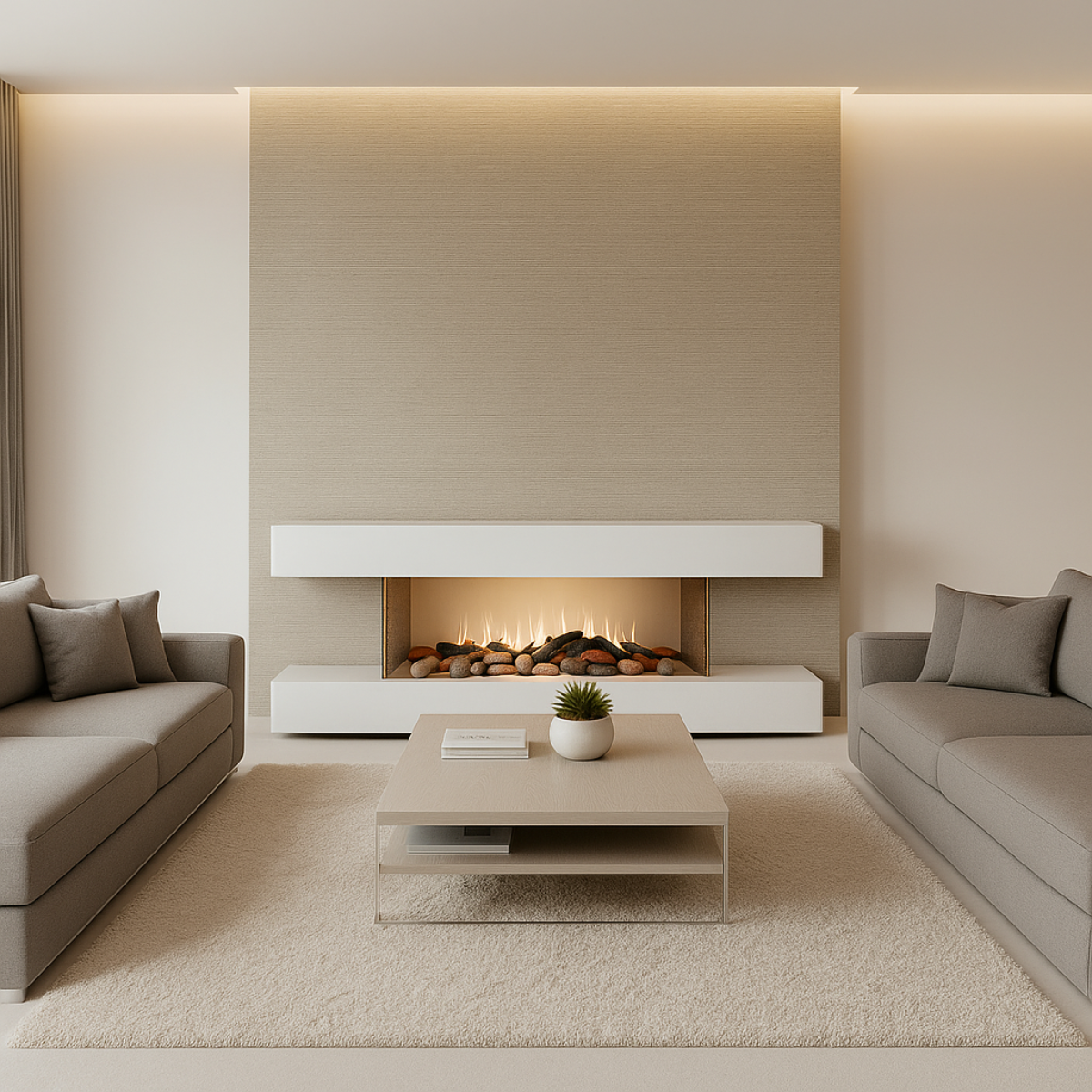 Een moderne woonkamer met een open haard, twee grijze banken, een salontafel en een vloerkleed. De open haard heeft gloeiende stenen.