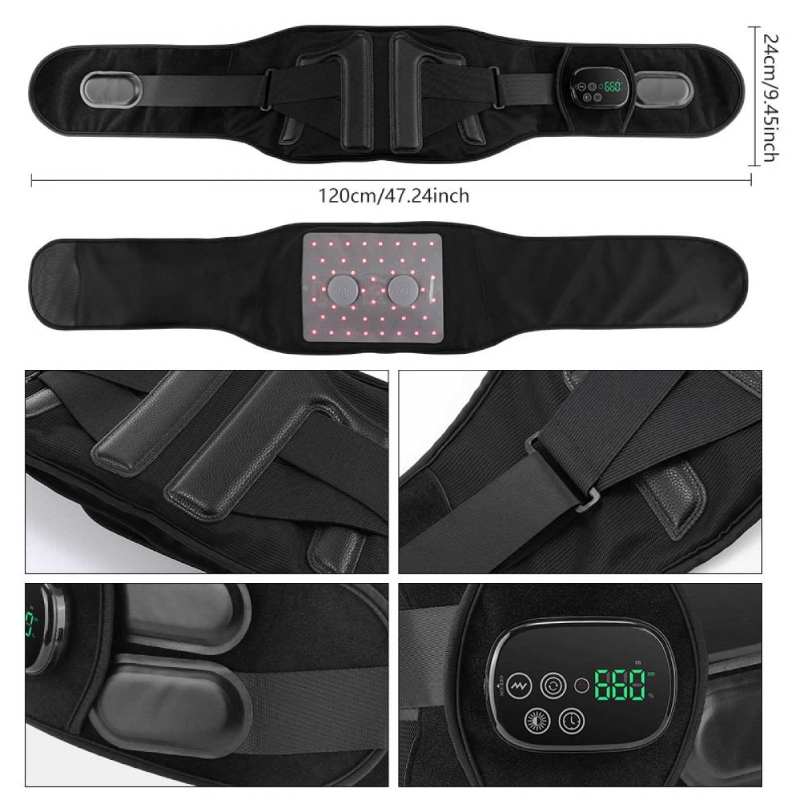Schwarzer Rückenstützgürtel mit Rotlichtpanel, Digitalanzeige und Riemen. Abmessungen in cm und Zoll sichtbar.