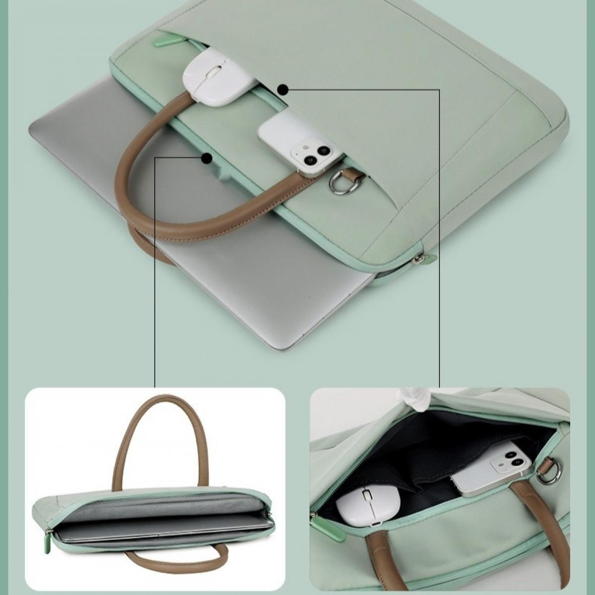 Eine hellgrüne Laptoptasche mit braunem Griff. Innen befinden sich ein Laptop, eine Maus und ein Telefon. Der Hintergrund ist hellgrün.