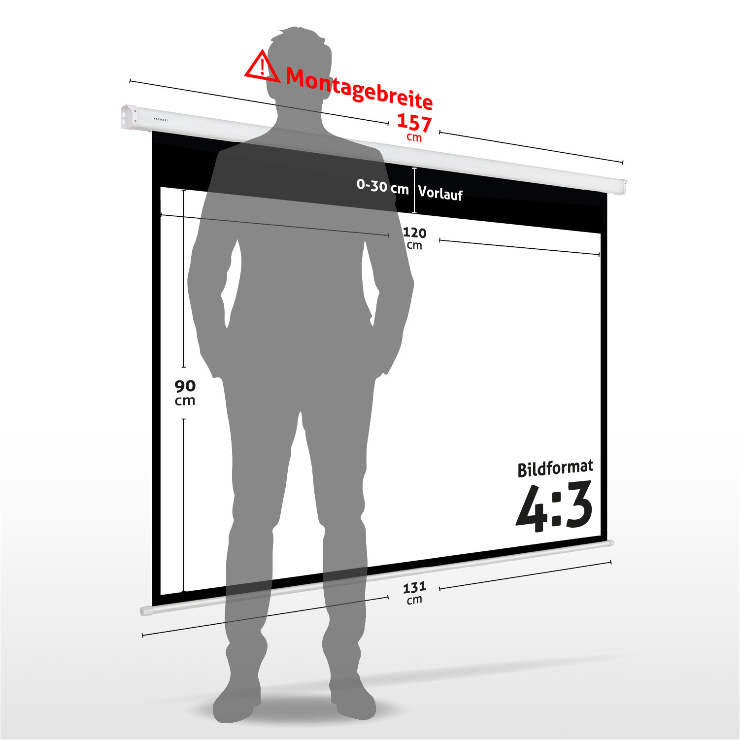 Eine Männersilhouette steht vor einer Projektionsleinwand. Maße: 157cm, 120cm, 90cm, 131cm. Seitenverhältnis 4:3.