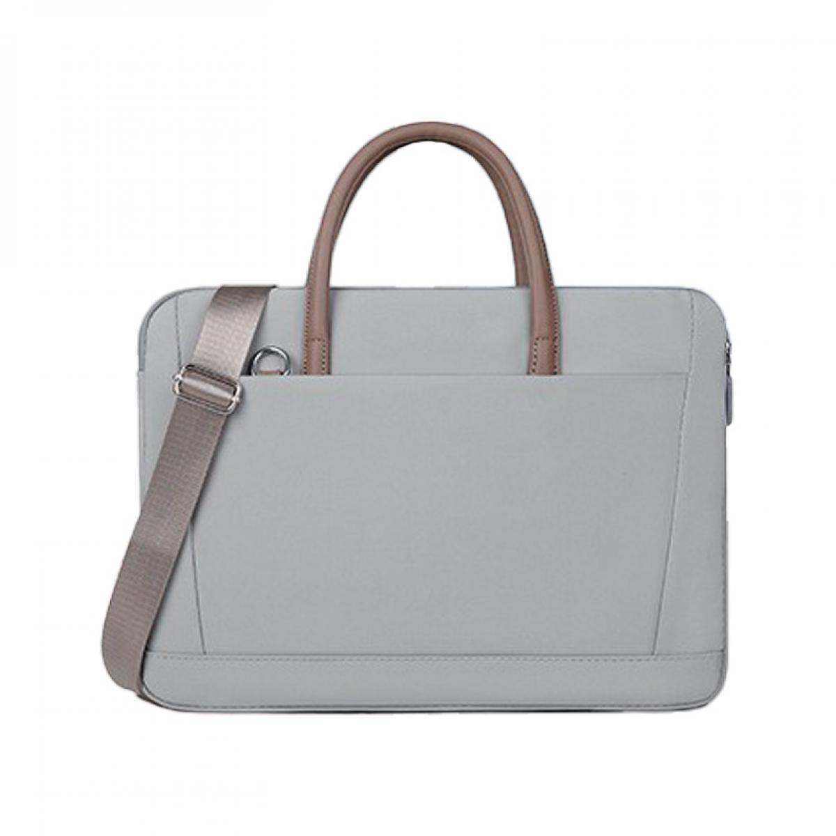 Eine graue Laptoptasche mit braunem Griff und Schultergurt wird gezeigt. Die Tasche hat eine Vordertasche und einen Reißverschluss.