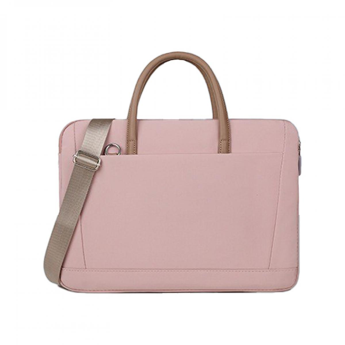 Eine rosa Laptop-Tasche mit beigem Griff und Schultergurt. Die Tasche ist rechteckig. Der Hintergrund ist weiß.