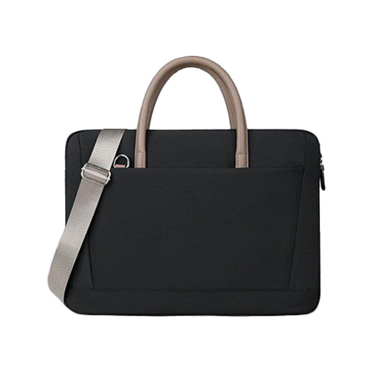 Eine schwarze Laptoptasche mit hellbraunen Griffen und einem grauen Schultergurt. Der Hintergrund ist weiß.