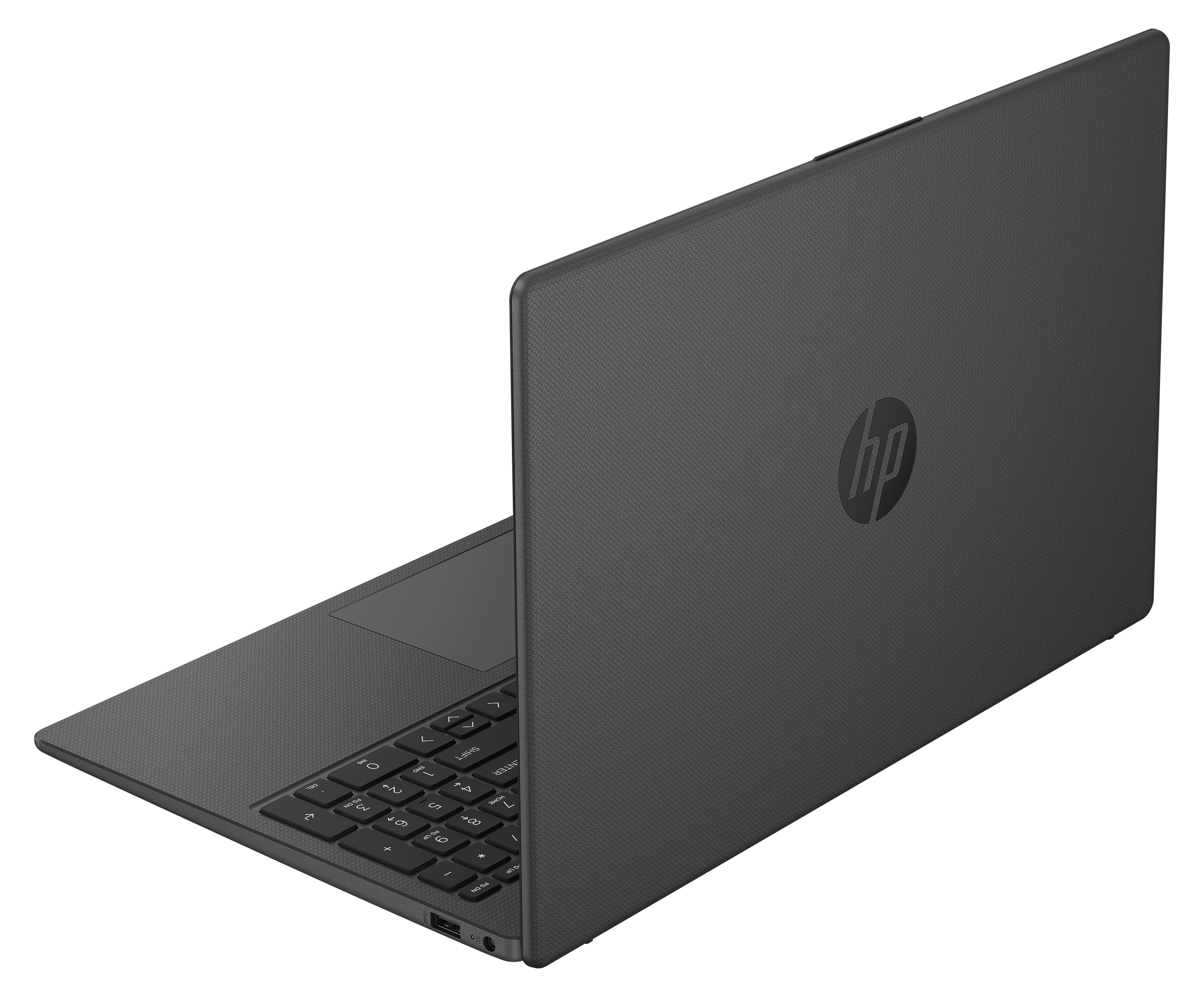 Ein dunkelgrauer HP-Laptop ist geöffnet. Die Tastatur ist sichtbar, und das HP-Logo befindet sich auf dem Deckel.