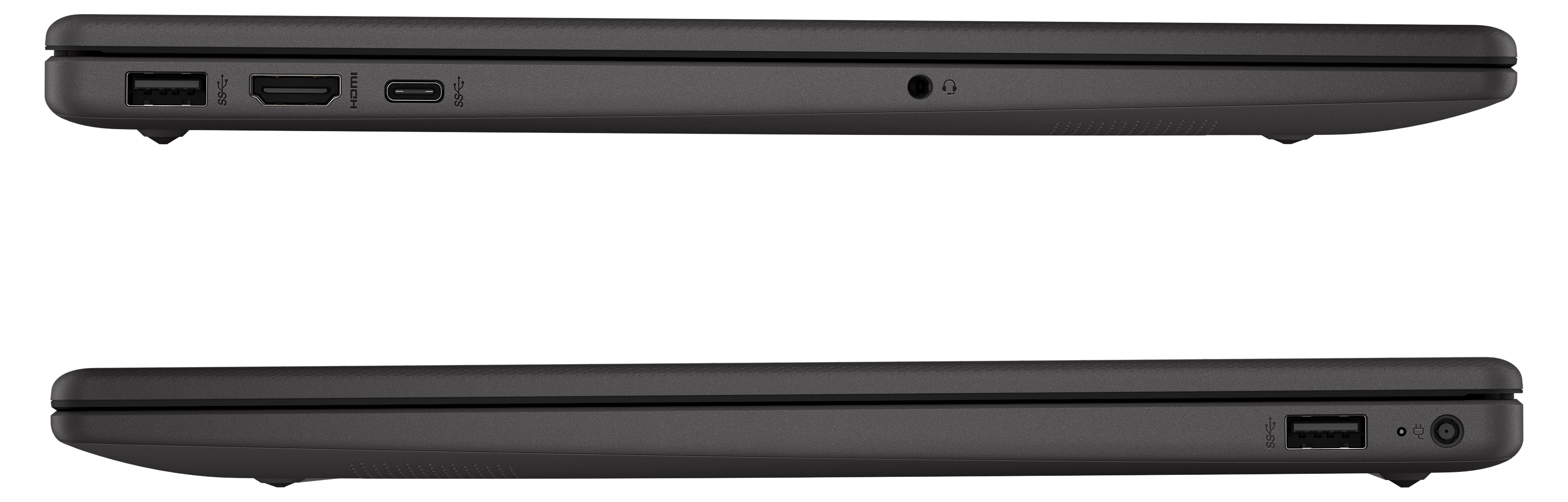 Seitenansicht eines dunkelgrauen Laptops mit Anschlüssen wie USB, HDMI und Kopfhöreranschluss, vor weißem Hintergrund.