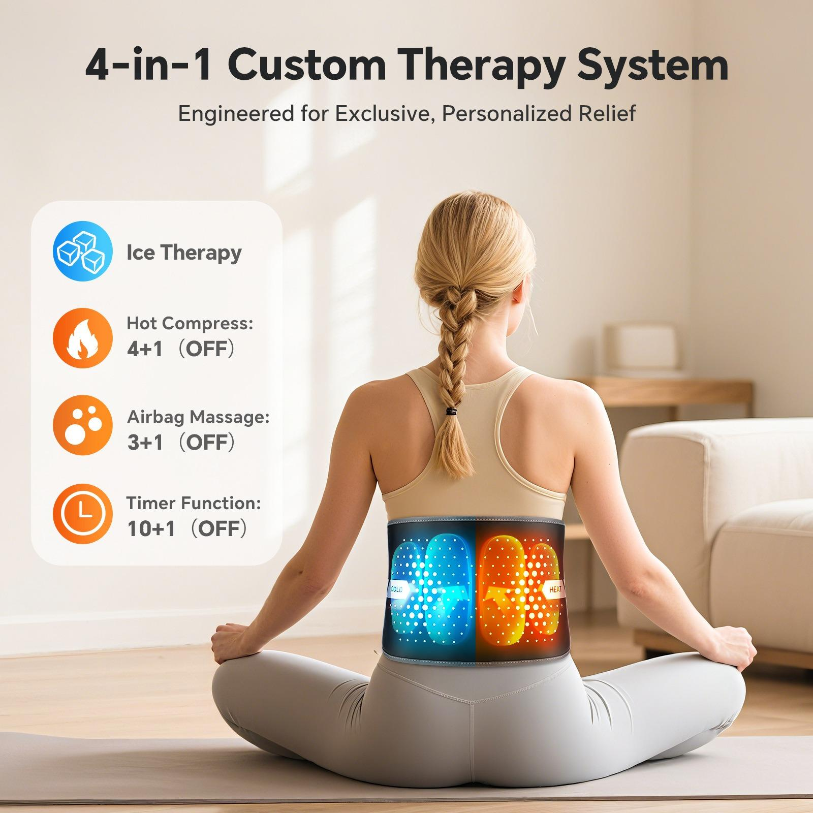 Rückansicht einer Frau in Leggings, die ein 4-in-1-Therapiesystem benutzt. Das System bietet Eis, Heißkompresse, Airbag-Massage und Timer.