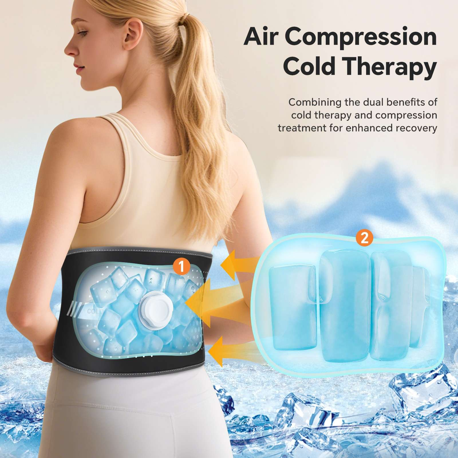 Eine Frau trägt einen Kältetherapiegürtel. Das Bild zeigt den Gürtel, Kühlpacks und Pfeile, die die Therapie anzeigen.