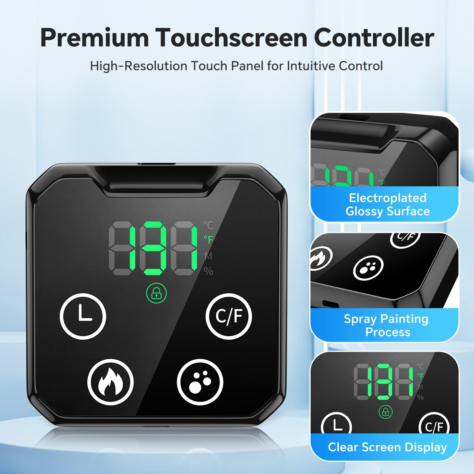 Schwarzer Touchscreen-Controller mit Digitalanzeige, Tasten und Textbeschriftungen. Zeigt Temperatur und Funktionssymbole an.