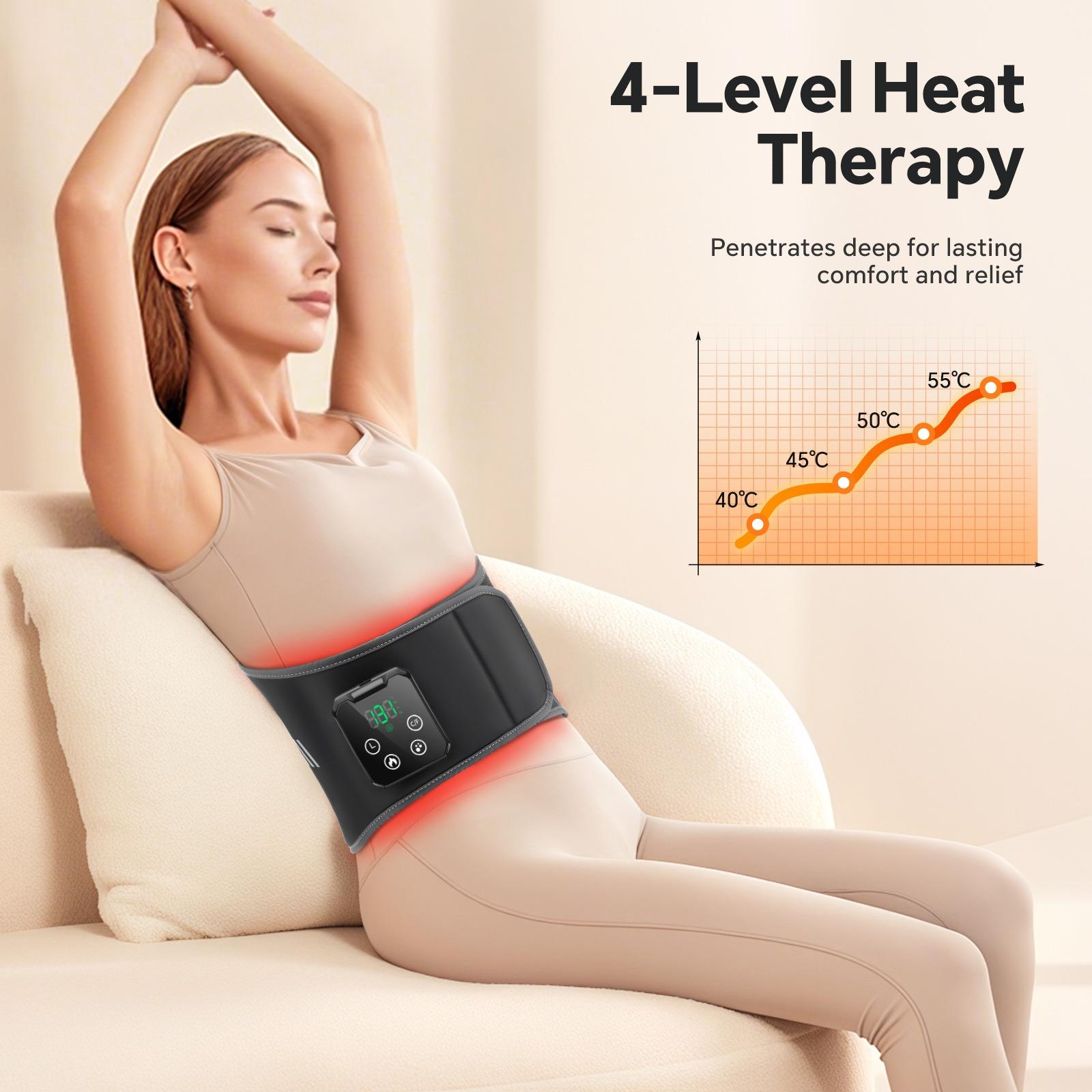 Frau mit erhobenen Armen, die einen Therapie-Gürtel trägt. Infografik zeigt Wärmestufen. Text: '4-Level Heat Therapy'.