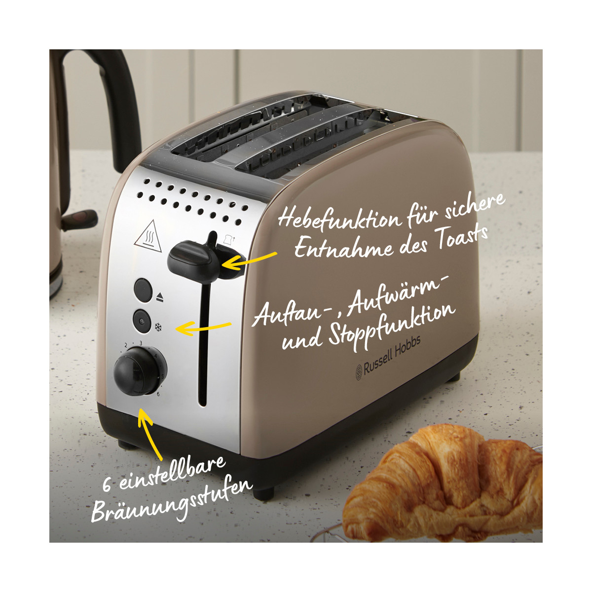 Ein Toaster mit Croissant. Er hat Knöpfe und einen Hebel. Text kennzeichnet Funktionen wie Bräunungsstufen und Auftaufunktion.