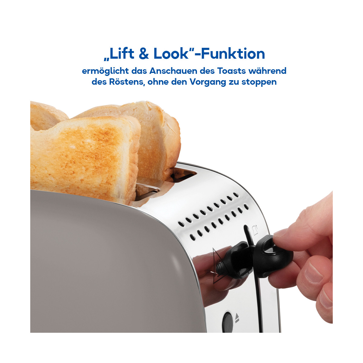Ein Toaster mit Toastbrotscheiben. Eine Hand dreht einen schwarzen Drehknopf. Der Text lautet 'Lift & Look' und beschreibt das Toasten.