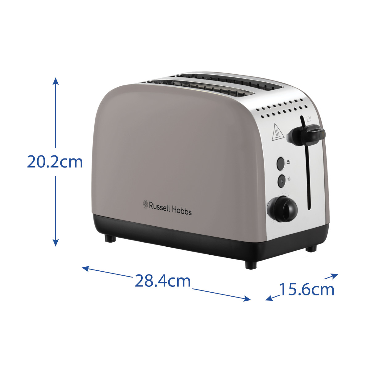 Ein grauer Russell Hobbs Toaster mit angegebenen Abmessungen: 28,4 cm breit, 15,6 cm tief und 20,2 cm hoch. Er hat Schlitze, Bedienelemente und einen Hebel.