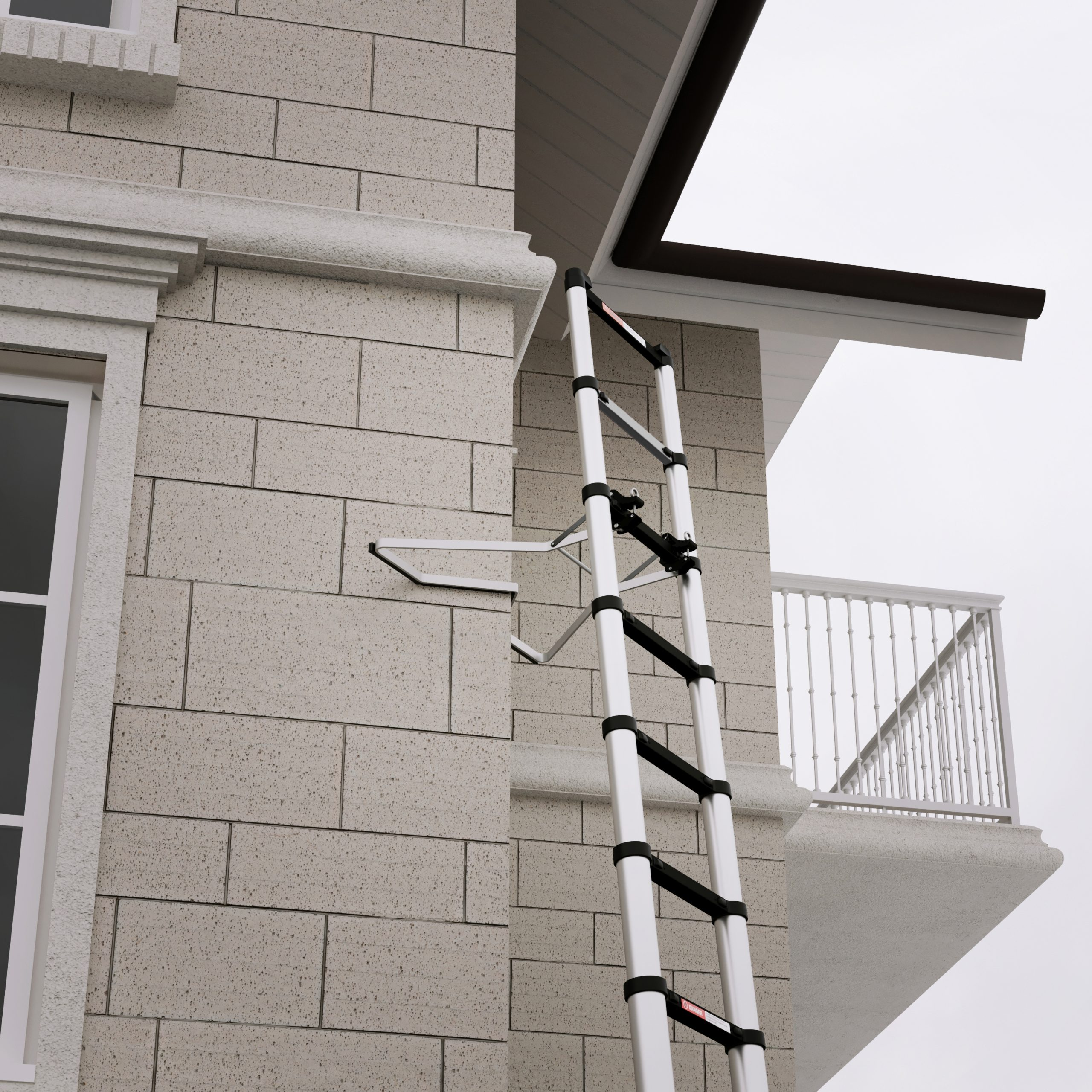 A metal ladder leans against a light brick wall. A balcony and window are also visible.