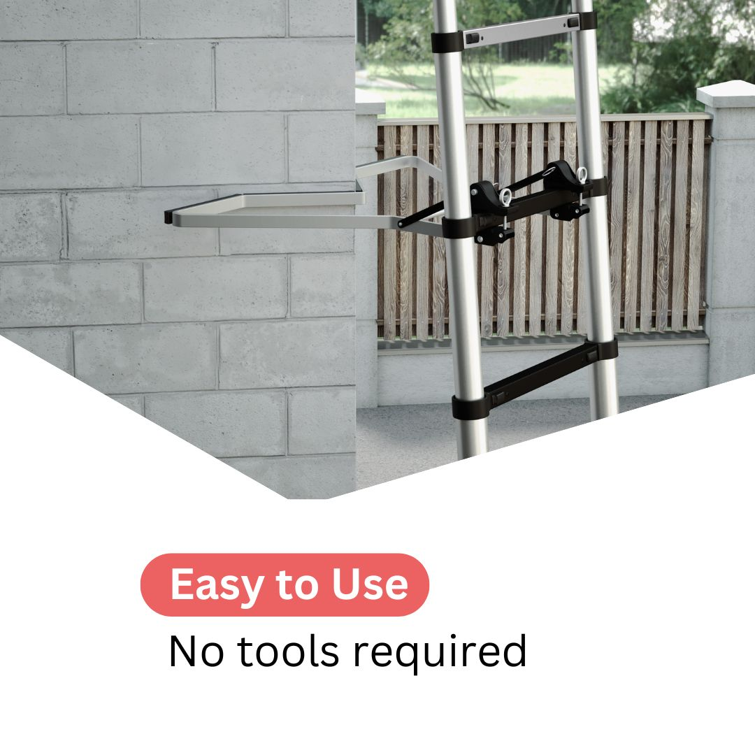 A metal ladder is placed next to a concrete wall. Text says 'Easy to use' and 'No tools required'.