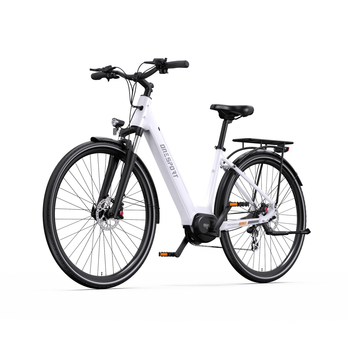 Una bicicletta elettrica bianca con pneumatici e dettagli neri, su sfondo bianco. Il nome del marchio è visibile sul telaio.