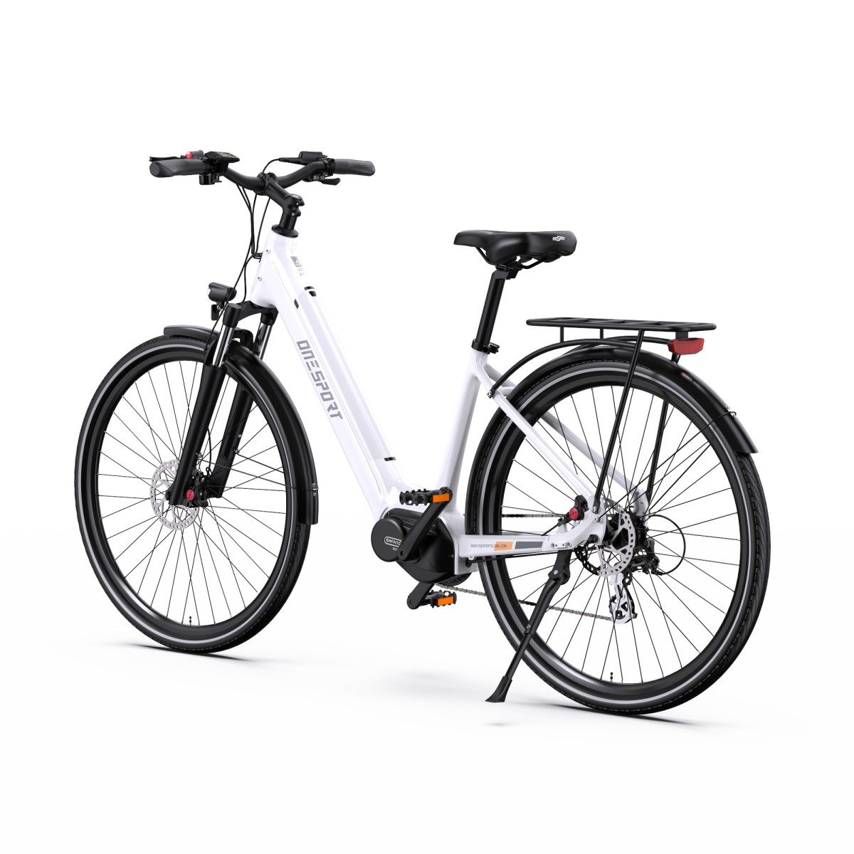 Una bicicletta Omesport bianca con pneumatici e componenti neri. Ha un portapacchi posteriore, un cavalletto e un sedile nero.