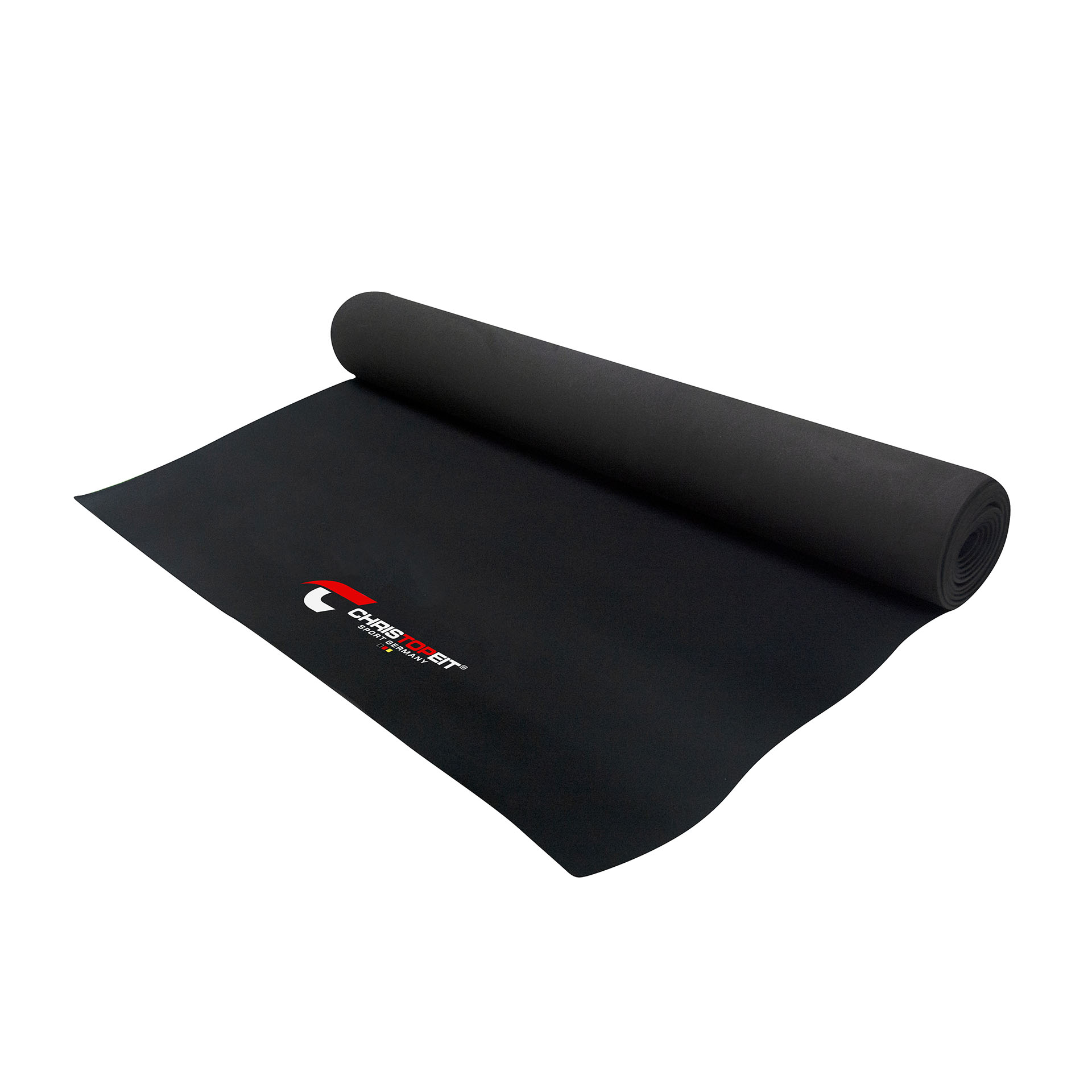 Eine schwarze Yogamatte, teilweise aufgerollt. Das Chris Topfit-Logo befindet sich auf dem ausgerollten Bereich.