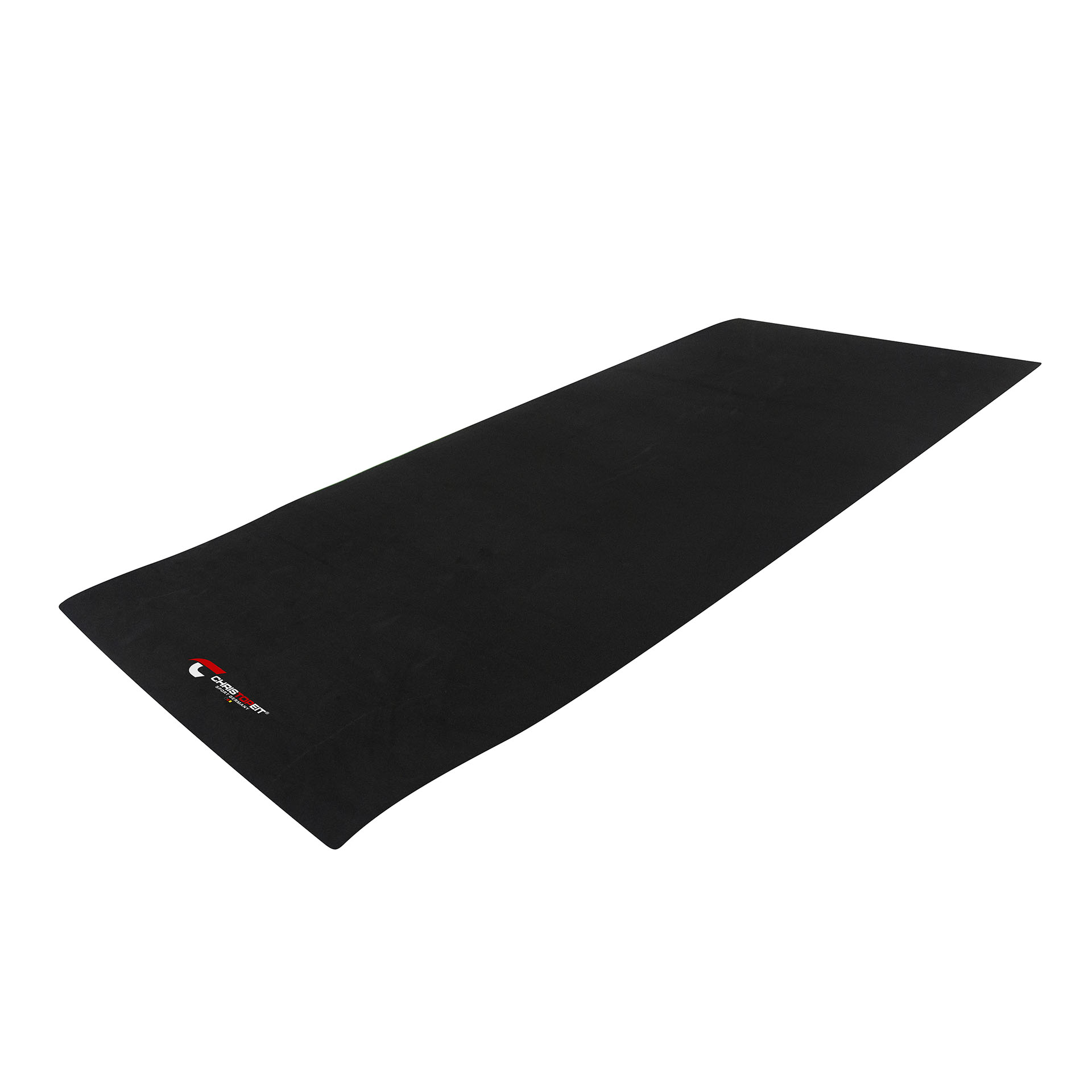 Eine lange, schwarze Yogamatte liegt auf weißem Grund. Auf der Matte ist ein Logo zu sehen.