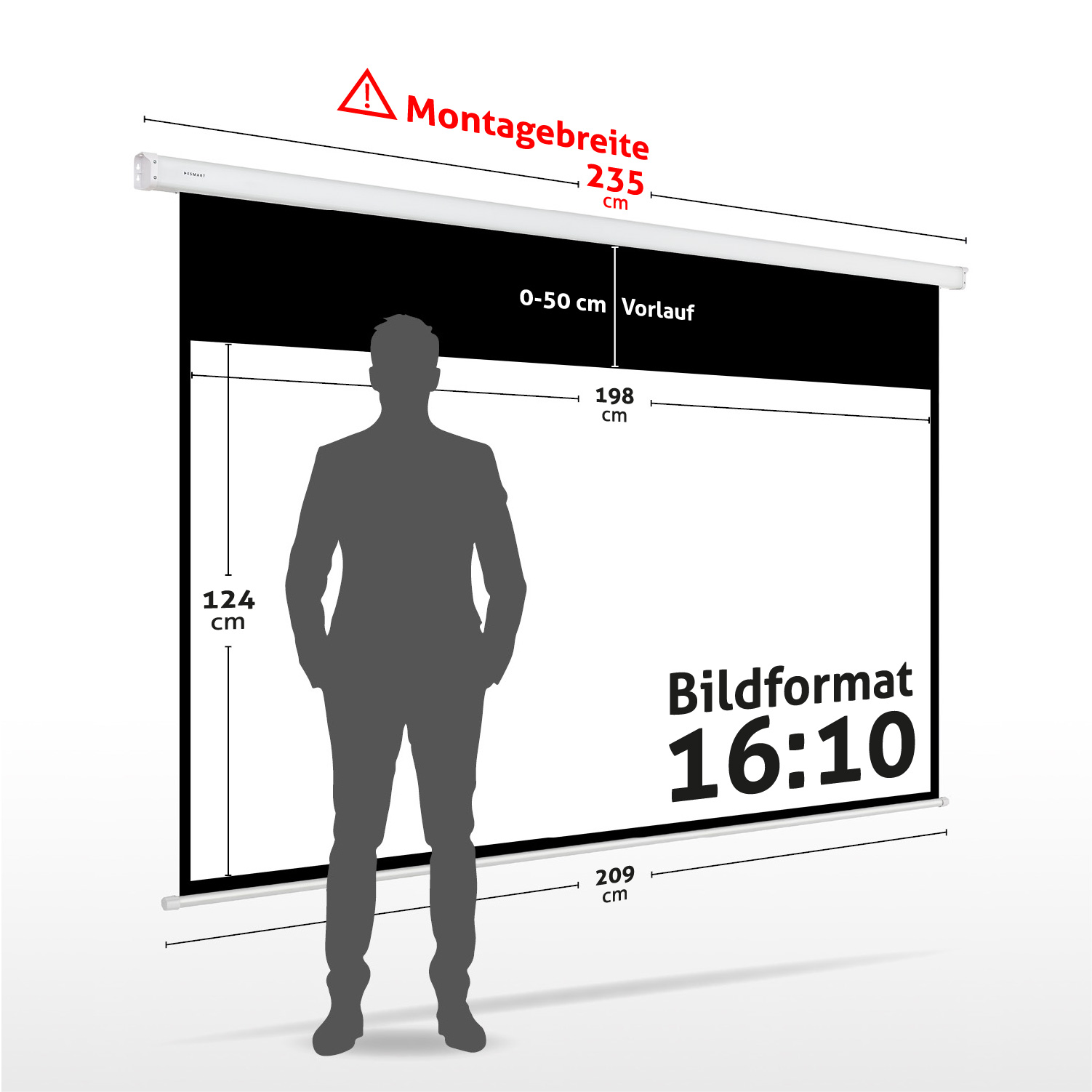 Ein Mann steht vor einer Projektionsfläche mit Maßangaben. Der Bildschirm hat ein 16:10-Format. Mehrere Abmessungen sind angegeben.