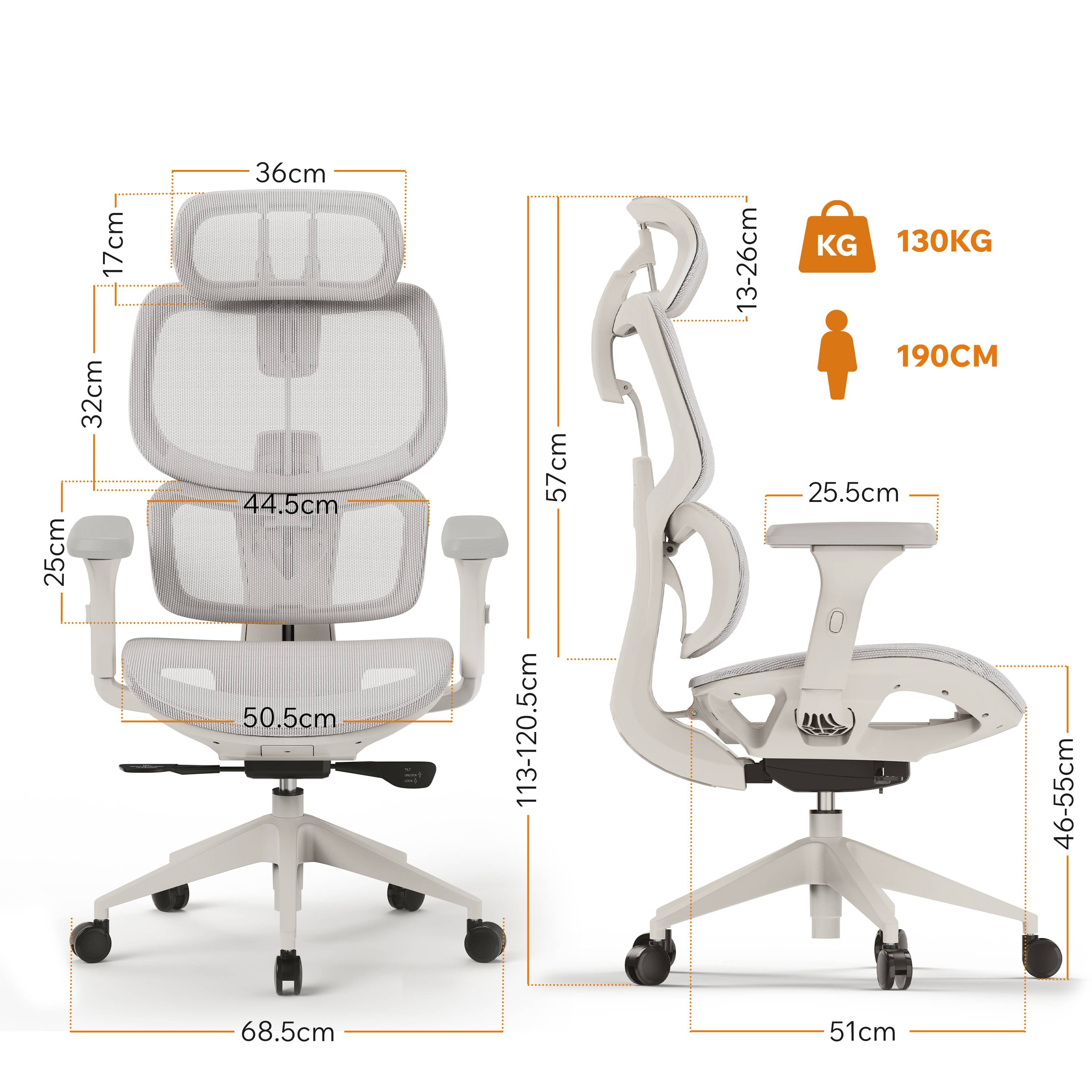 Een witte ergonomische bureaustoel met afmetingen. Voorzien van hoofdsteun, rugleuning, armleuningen en een vijfsterrenvoet met wielen.