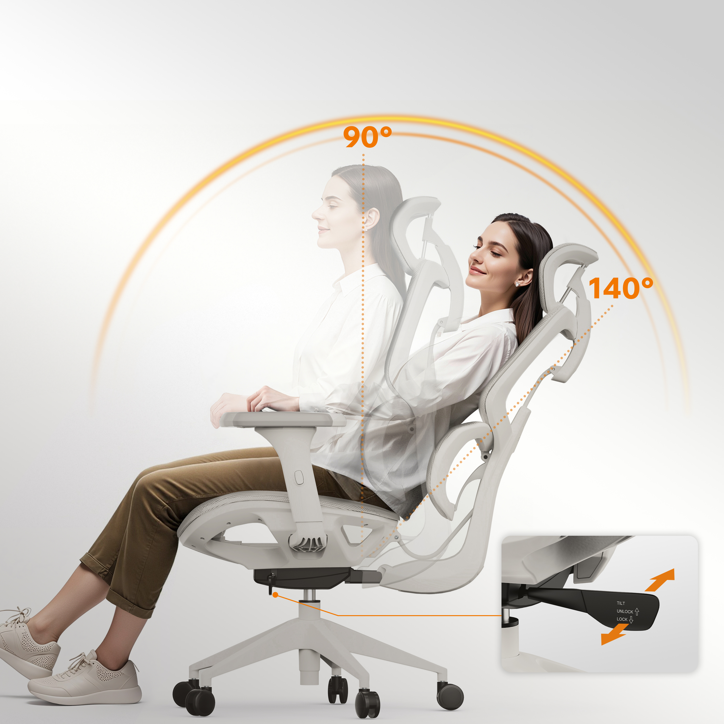 Vrouw in een bureaustoel, die de hoek van de rugleuning aanpast. Stoel is grijs. Oranje bogen geven posities van 90° en 140° aan.